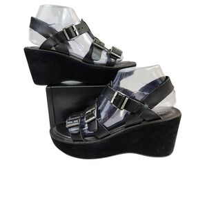 Kork Ease Black Leather Strappy Wedge Platform Sandals Womens Size 8 EU 39 Shoes